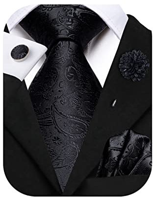 Hi-Tie Cravate et boutons de manchette carrés en soie pour homme en jacquard pour mariage d'affaires, Imprimé cachemire - Noir, M