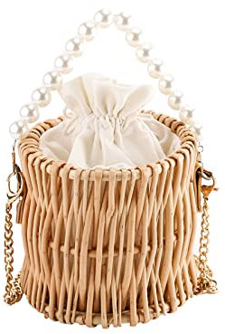 YAHUAN Strohtasche für Damen, Korbgeflecht, kleine Umhängetasche, Strand-Strohtasche, Rundes Korbgeflecht