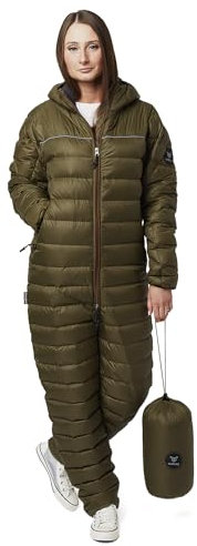 Walksey Down Suit, Der Daunen Outdoor Jumpsuit für Damen & Herren, Leicht Warm & Funktionell (Olive Green, M)