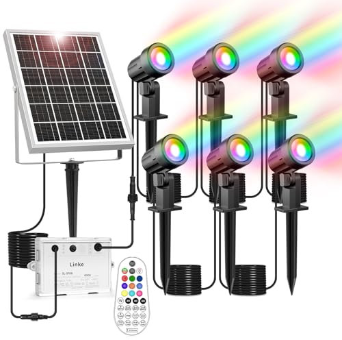 Linke Solar Spot Lights Outdoor Garden, 6 in 1 Colour Changing Led RGB Solar Powered Spotlights IP66 Spike Lights Remote Control Dusk to Dawn Landscape Spotlight for Yard Patio Lawn