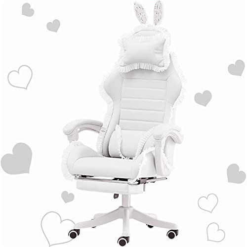 Gaming Stuhl für Mädchen/Frauen, Videospielstühle mit Hasenohren und Spitze Racing Büro Computerstühle mit Kopfstütze und Lendenstütze Schreibtischstuhl für Erwachsene Jugendliche,Weiß