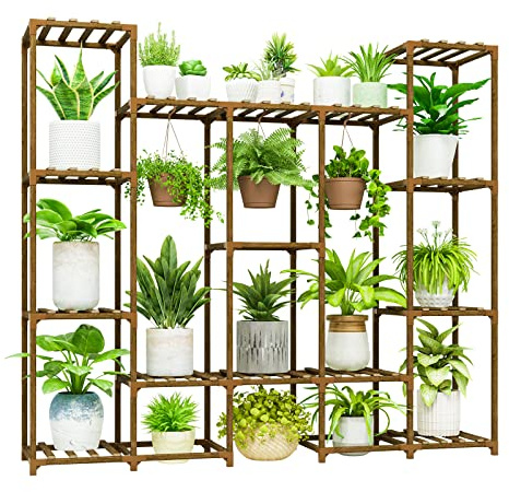 Bamworld Großer Pflanzenständer für drinnen und draußen, Hängeregal für mehrere Pflanzen, hohe große Halterung für Wohnzimmer, Terrasse, Balkon, Garten