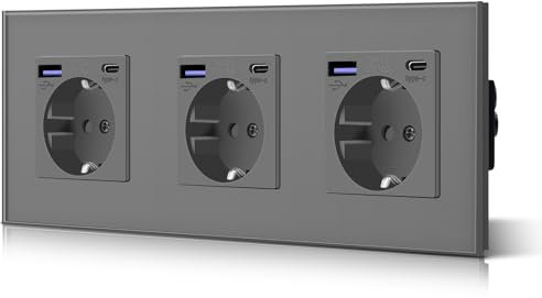 BSEED Steckdose aus Glas mit 20W USB C, Schnellladegerät Wandsteckdose, 3 in 1 Unterputz Steckdosen, Einfache Installation, 240V 16A, 228mm 3 Fach Gold