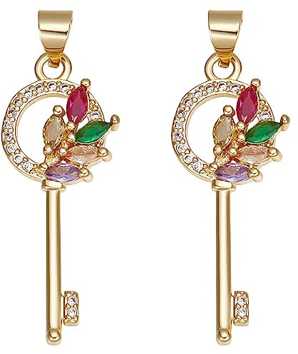 Beebeecraft 1 Boîte 6 Pcs Clé Charms Plaqué Or 18K Zircon Cubique Pendentif Charms Coloré Squelette Clés Charms pour la Fabrication de Bijoux