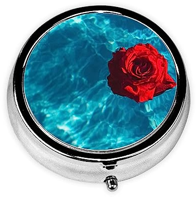 Rose On The Blue Water Pillendose Metall-Pillen-Organizer, rund, Pillendose, Medizin-Organizer, Pillenbehälter