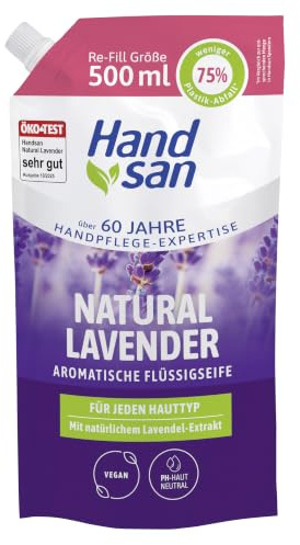 Hand san flytande tvål naturlig lavendel i påfyllningspåse | med naturlig lavendelolja | Handtvätt och ansiktsrengöring | recept utan mikroplast | pH-neutral och vegansk | 500 ml