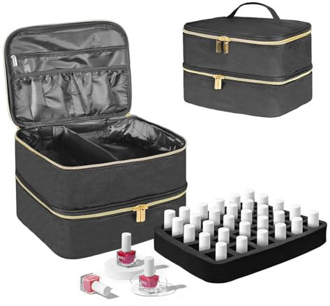 BOHEMIABY Nagellack Organizer Tasche, Doppelschicht Nagellack Aufbewahrung Box, Organizer Koffer für Nageldesign Kosmetiktasche für 30 Flaschen Neonail Base(15ml-0.5 FL.Oz) & 1 Nagellampe(Schwarz)