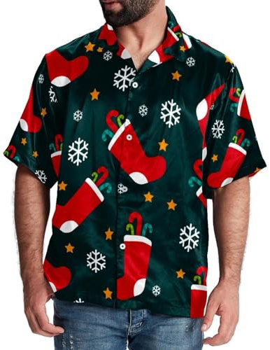 Luoweisi Rote Weihnachtsstrümpfe für Herren, kurzärmelig, lässig, Button-Down-Shirts, lässig, Hawaii-Hemden, Größe S, Rote Weihnachtsstrümpfe, XL