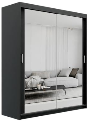 ELUKS SKY Double Sliding Doors Wardrobe with Mirror Drawers Furniture for Bedroom Living Room and Hall Wardrobe Organizer Width 100cm/120cm/150cm/180cm/200cm (Black, 100cm)