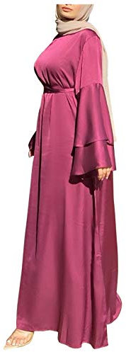 Nidddiv Hijab-Kappe für Damen, Rundhalsausschnitt, farbiges Kleid, lange und einfarbige Ärmel, Satin-Taille, weich, modisch, Knöchel, muslimische Kleidung, rot, S