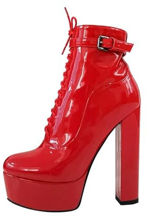 blingqueen Damen Lack Boots Schnürstiefeleten Plateau Stiefeletten Combat Booties Lackoptik Rot 43 EU