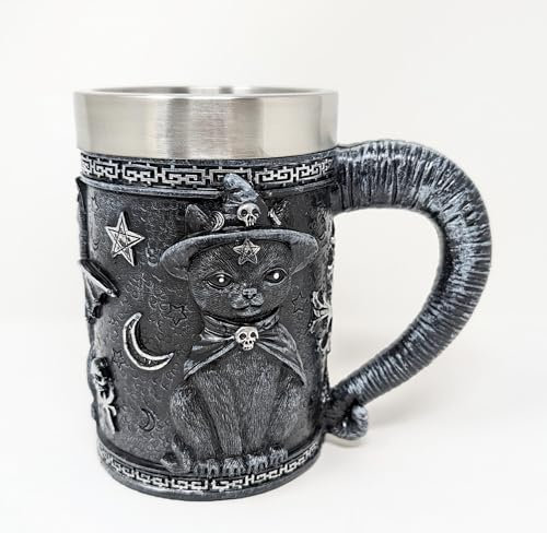 JRose Collections Gothic Black Cat Mug 500ml – Witch & Horned Cat Design with Stainless Steel Liner – Fantasy Occult Pagan Witchcraft Drinking Tankard