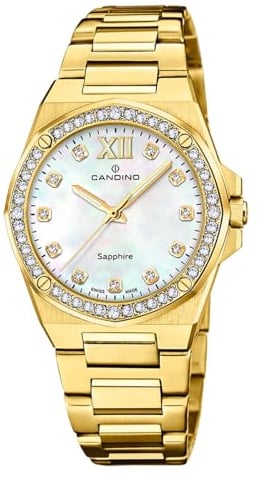 Candino Swiss Damenuhr Analog aus Edelstahl 316l Goldfarben | Quarzwerk, Widerstandsfähiges Saphirglas, Wasserdicht 5 ATM C4755/1, Lady Elegance, Beiges Zifferblatt