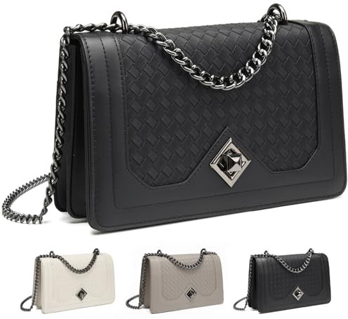 Travistar Handtasche Damen Umhängetasche Damen Klein - Kette Crossbody Bag Damen Schultertasche Leder Crossbag Damen Mode Gewebtes Muster Abendtasche mit Kreditkartenfächer Schwarze