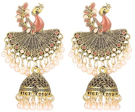Perle Jhumka Bell Perlen Pfau Indianer Ohrstecker groß baumelnde Ohrringe für Frauen Mädchen Mode Bohemian Vintage Tier Ohrstecker übertreiben Einzigartig baumeln traditioneller Schmuck Party