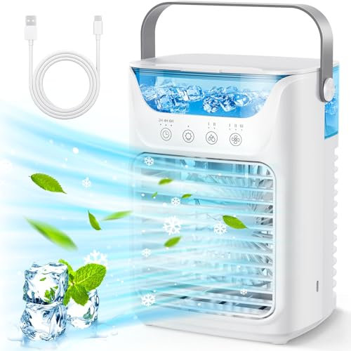 Portable Air Cooler, 4-in-1 Air Cooler, Mini Air Conditioner with 3 Wind Speed & 7 LED Lights,700ml Water Tank, 2-6H Timer, Personal Small Con Humidifier Air Cooler Fan for Room,Home, Office