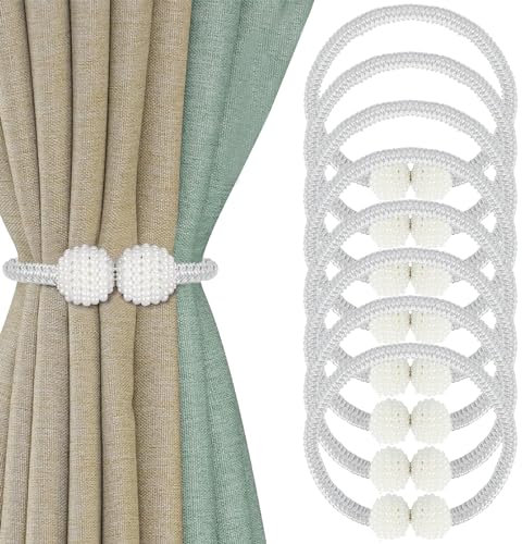 Oenothera 6 Stücke Vorhang Raffhalter, Magnetische Vorhang Raffhalter mit Perlen, Vorhang Seil Schnallen für Zuhause, Büro, Hotel Fenster Dekoration（Weiß）