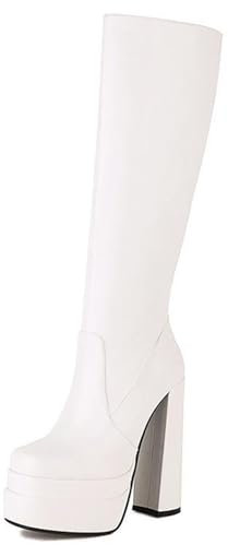 WEHAM Bianca,40,Stivali alti al ginocchio con plateau da donna, stivali lunghi invernali da donna in pelle PU con tacco largo e cerniera laterale