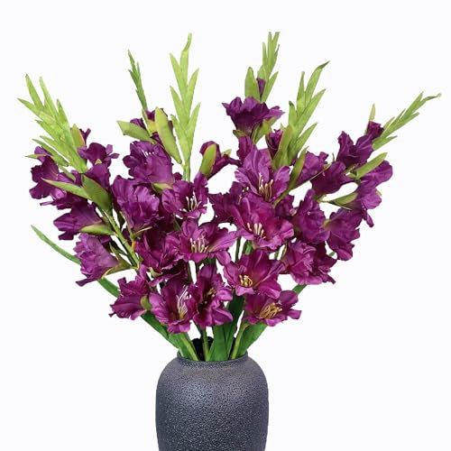 Raxcelivia 6 Stück – Gladiolen-Blumen, künstliche Orchideen, lange Seidenblumenstiele, Vase, Tisch, Küche, Haus, Garten, Party, Hochzeit, Dekoration (Dunkelviolett)