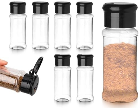 Emezddo Lot de 6 pots à épices en plastique,pots à épices vides,récipient à épices transparent,récipient à épices,petite boîte à épices,pot de rangement,pots de rangement avec couvercle(100 ml)