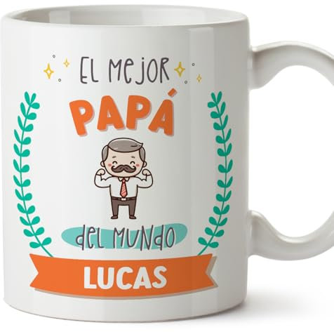 MUGFFINS Tazas Personalizadas para PADRE/PAPÁ 2 - En Español - Mejor del mundo - Con dibujo - 11 oz / 330 ml - Regalo personalizable original y divertido