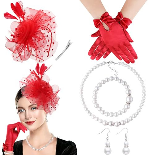 DRESHOW Fascinator Hüte für Damen Schleier Mesh Tea Party Hut Feder Pillbox Hut und Handschuhe Perlenschmuck Set für Cocktail 1920er Party Kopfbedeckung