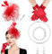 DRESHOW Fascinator Hüte für Damen Schleier Mesh Tea Party Hut Feder Pillbox Hut und Handschuhe Perlenschmuck Set für Cocktail 1920er Party Kopfbedeckung