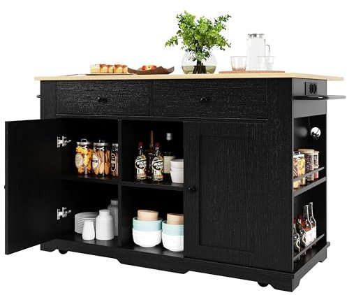Merax Kücheninsel mit klappbarer Arbeitsplatte, Küchenwagen Küchenschrank auf 5 Rollen, mit Ausgestattet mit Steckdosen und 2 Schubladen,2 Türen,2 offene Lagerräume, 151.5x59.7(84.7) x91.7cm, Schwarz