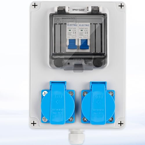 Warmfay Baustromverteiler Vorverkabelt Stromverteiler, 2x 230V Schuko Steckdosen, Wandverteiler mit 2x Leitungsschutzschalter 16A 1P, IP67 Wasserdicht Gehäuse für Innen und Außen