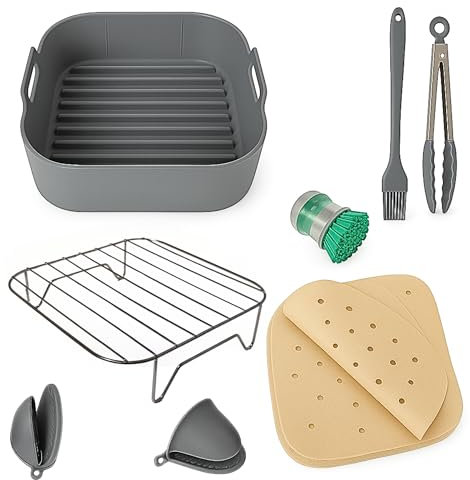 Accessoires de friteuse à air – Compatible avec Cosori Dual Blaze 6,4 L et Cosori TurboBlaze 6 L – Panier en silicone de 22 cm, grille de friteuse à air, 100 papiers, pinces, brosse, sans BPA.