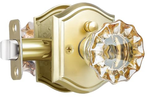CLCTK Champagne Glass Door Knobs Interior with Lock, Gold Satin Brass Crystal Privacy Door Knobs for Bedroom Bathroom