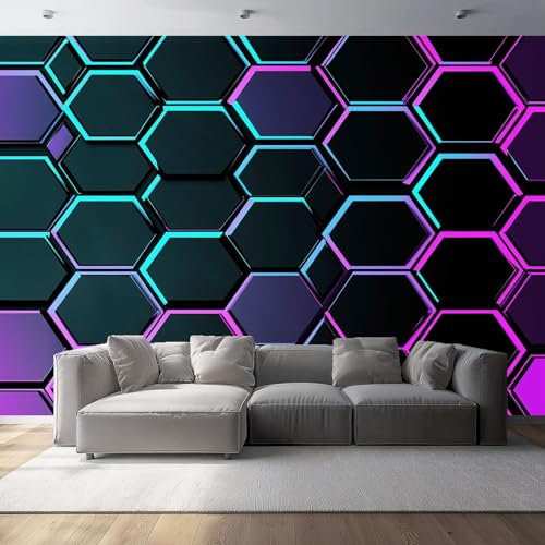 Vlies Fototapete 200 x 140 cm Fototapete Schlafzimmer Technologie Hexagon Neon Wohnzimmer Moderne Wandtapete Bildtapete Effekt Wand Dekoration Lila Blau