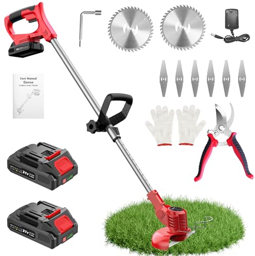 Debroussailleuse Electrique sans Fil, Coupe Bordure sans Fil avec 2 Batterie 21V 2000mAh et 2 Types de Metal Lames, Poignée réglable, Coupe Bordures pour la Coupe de Jardin et Pelouses, Rouge Clair