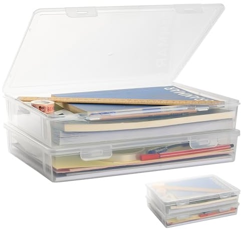 Aufbewahrungsbox A4, 2 Stück Mehrzweck Plastikbox mit Deckel 31x22x5cm | Transparent mit Deckel, Stabil Stapelbar, Für Dokumente, Bastelmaterialien & Büro