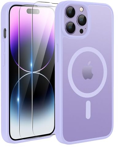 TQIAHF Magnetic Phone Case Cover for iPhone 14 Pro,Purple | with 2 Tempered Glass Screen Protector Compatible with MagSafe Military Grade Shockproof Protective Slim Translucent Matte