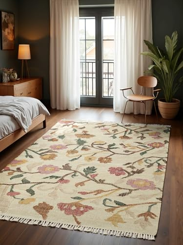 Elle Decoration Afghan Kelim Violette - Floraler Traditioneller Wohnzimmerteppich, Handgewebt, Jute & Baumwolle mit Fransen für Wohnzimmer, Schlafzimmer - Creme Multifarben, 200x300 cm