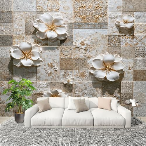 Générique Murale Papier Peint 350x256cm GéOméTrie Florale En Relief Papier Peint Intissé Résistant à la décoloration Blanc Moderne Salon Chambre Panoramique Decoration Fresque Murale