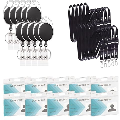bhb Einziehbarer Ausweishalter mit Lanyard und Kartenhalter – Set 3 5 10 20 Stück – Schlüsselband Ausziehbar mit Karabiner Clip und Wasserdichter Ausweishülle für Schlüssel Ausweis ID Card (10er Set)