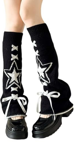 VPbao Women's Punk Star Heart Knitted Flared Leg Warmers With Ribbon Bows | Streetwear Boot Covers Knee Length Lace Up Foot Covers Socks Gothic Lolita Punk Rock Stockings Y2K Street
