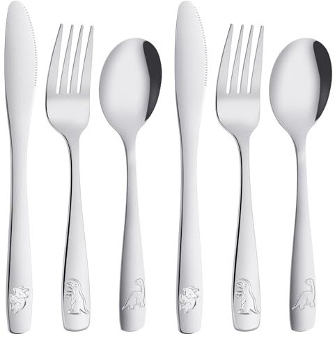 AUAUY 6PCS Couvert Inox, 2 x Fourchettes, 2 x Couteaux, 2 x Cuillères, Ensemble de couverts de table avec Motif Dinosaures Mignon, Couverts pour Maison Restaurant École