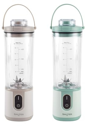 Salter ActiBoost Cordless Portable Blender Pack of 2 – 450ml Smoothie & Protein Blenders with Detachable Base, Pulse Function, 40s Countdown, BPA-Free, Stainless Steel Blades, 100W, Green & Stone | 100W Motor, Stainless Steel Blades, Pulse Function, 40-Second Timer, BPA-Free Bottle, Detachable Base, Stone And Green