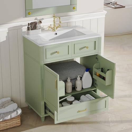 Ktipm Mueble de Baño con Lavabo y Cajón Grande, Lavabo con Mueble, Armario Baño con 2 Puertas y Tirador Metálico, Muebles Auxiliares de Baño, 81x45.5x86.5 cm, Verde