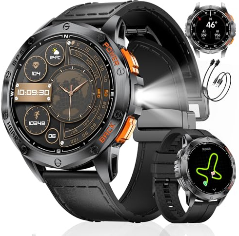 LIGE Smartwatch Uomo GPS, Barometro/Altimetro/Bussola, AMOLED 1,43 Smart Watch Militare con Torcia LED, Chiamate Bluetooth, 170 Modalità Sport, 5ATM, Monitoraggio Salute, Android iOS, DM1-K