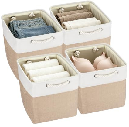 FERNVALE Foldable Storage Box Cube Storage Boxes Fabric Collapsible with Handles Foldable Closet Storage Basket for Closet Shelves Wardrobe Home Organization (Khaki 4-Pack, 33x33x38cm)