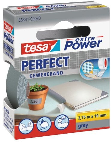 tesa extra Power Perfect Gewebeband - Gewebeverstärktes Ductape zum Basteln, Reparieren, Befestigen, Verstärken und Beschriften - Grau - 2,75 m x 19 mm
