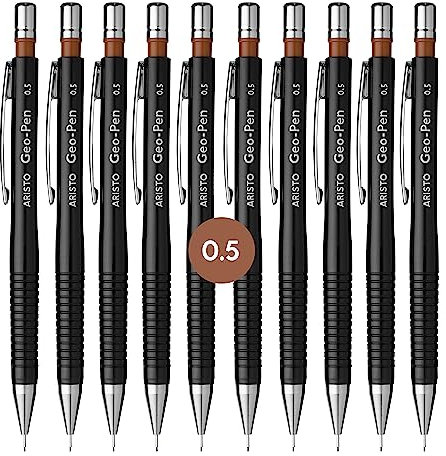 Aristo AR85005 Druckbleistift Geo Pen 0,50 mm (Ergonomisch gerillte Griffzone, gefederte Minenführung, Härtegrad Mine HB, integrierter Radiergummi) schwarz, 10 Stück