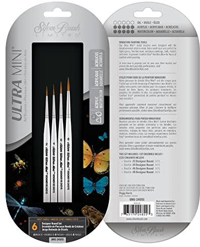 Silver Brush Limited Ultra Mini Ultimate Round Paintbrush Set, 4pc | Sizes 2, 4, 6, 8, Watercolour, Acrylic, Soft Fine Point Golden Taklon Bristles, Detailing, Dolls, Models, Miniature Painting