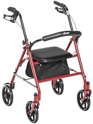 Drive Medical Rollator Walker with Seat - Stable Mobility Support - Height Adjustable - Durable Steel Frame Construction - Smooth 7.5 Wheels - Foldable Frame - 350 Lb Limit - Red