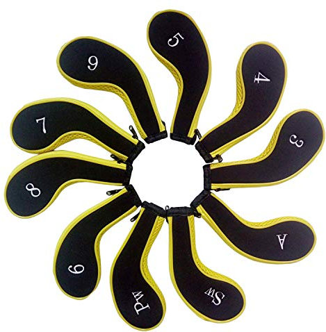 MamimamiH 10pcs Golf Long Neck Iron Zippered Head Covers Headcover Fit All Brands Titleist, Callaway, Ping, Taylormade, Cobra, Nike, Etc 3-Sw(Yellow/Black)