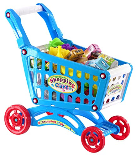 The Magic Toy Shop Kids Shopping Trolley Toy with Accessories - Blue, Pretend Play Food, Grocery Cart, Role Play Fun - Child's Shopping Trolley for Toddlers, Supermarket Toys for Learning